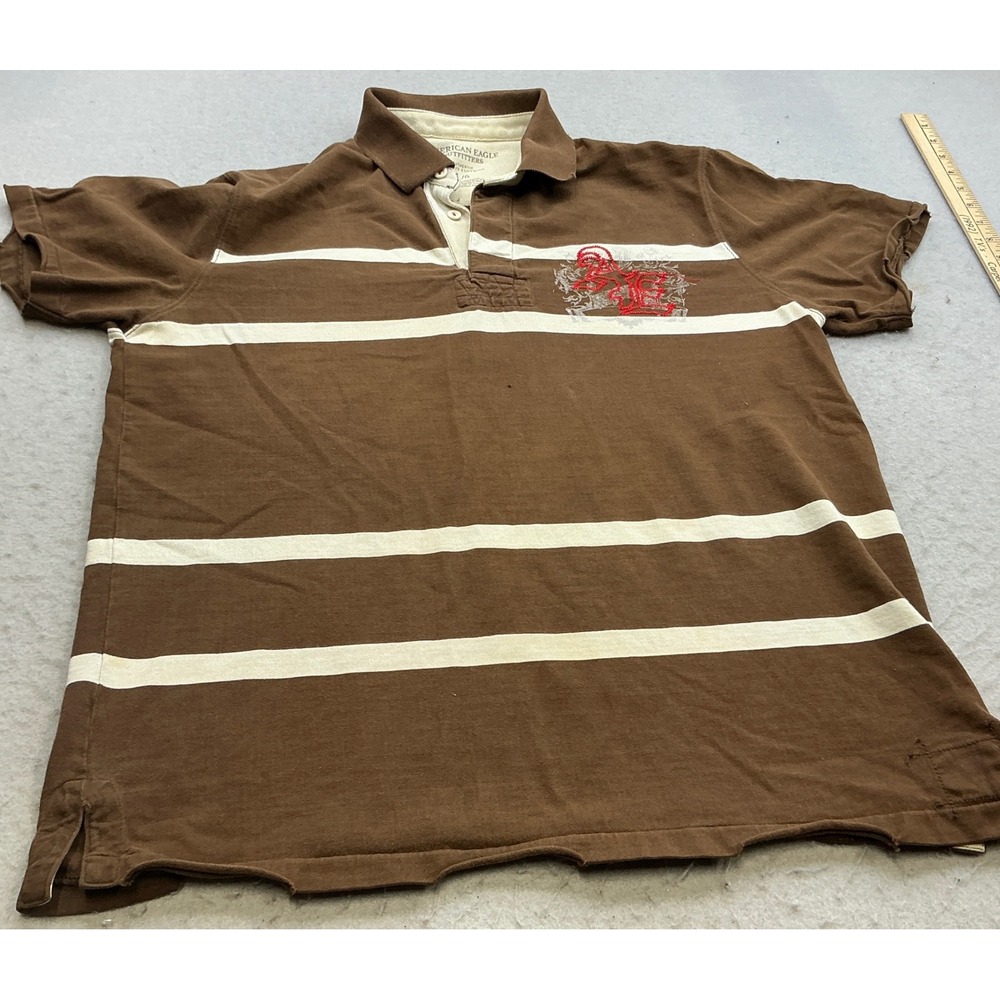 American Eagle Y2K Polo Shirt Brown Striped Embroidered Crest L Preppy Casual